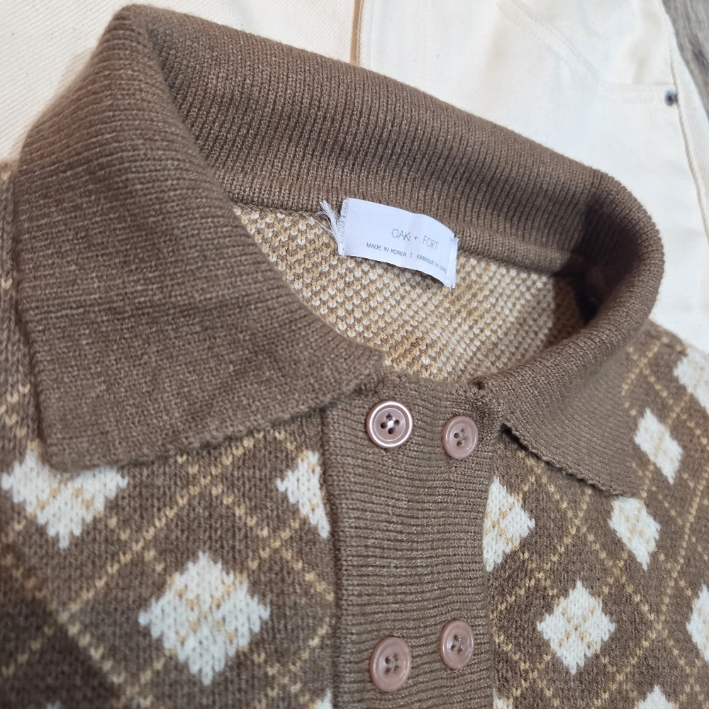 Oak & Fort Button Up Collar Knit Sweater In Brown/White SZ S - Picture 5 of 16